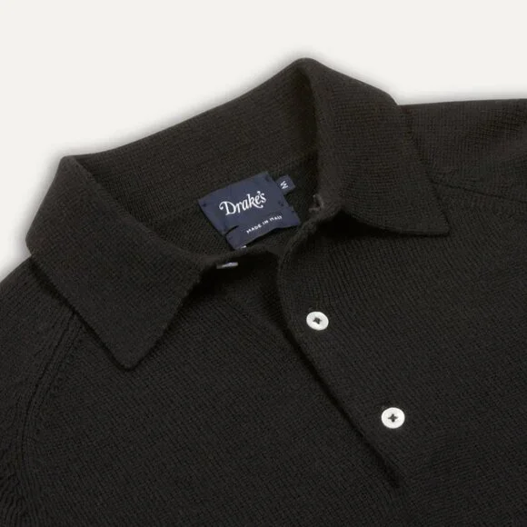 Drakes - Black Merino Wool Knitted Polo - Size M - Picture 2 of 11